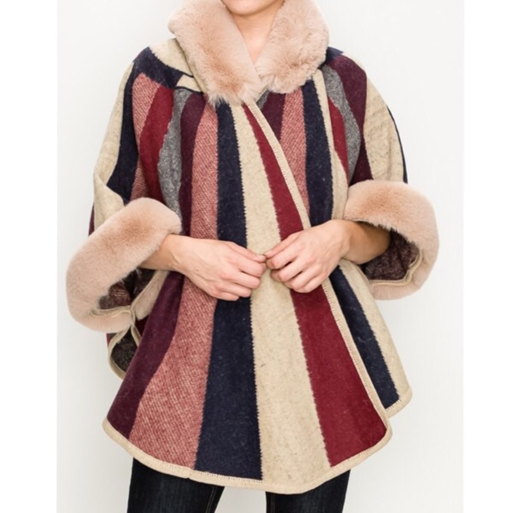 Fur Striped Hooded Poncho